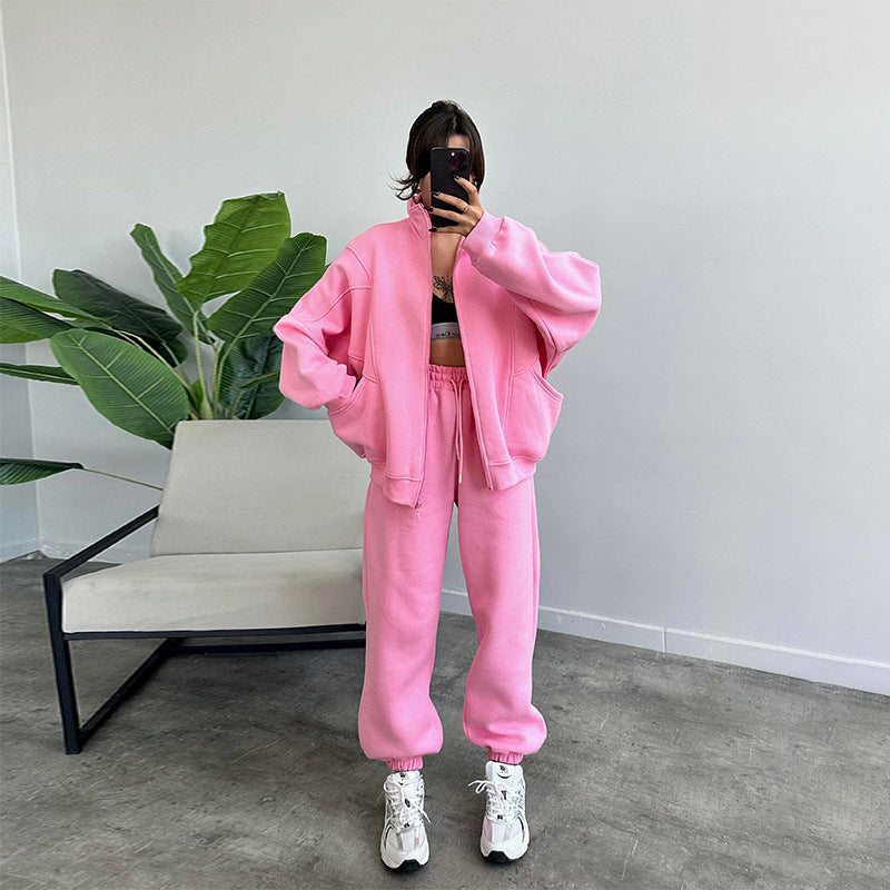 Stand-up Collar Zipper Cardigan And Drawstring Trousers Jogger Set