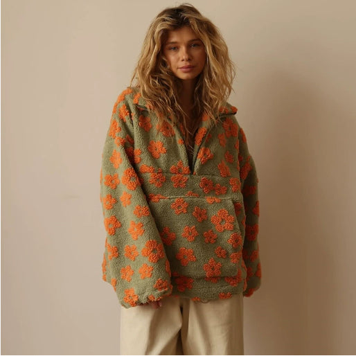 Flowers Lambskin Big Pocket Loose Zip-up Pullover