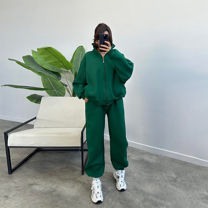 Stand-up Collar Zipper Cardigan And Drawstring Trousers Jogger Set