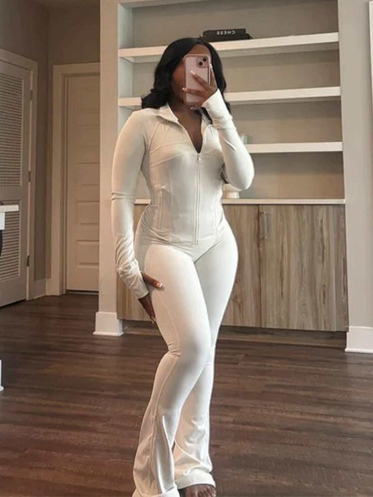 Womens Sporty-casual Sexy Tight-fitting Long-sleeve Flared Two-piece Set
