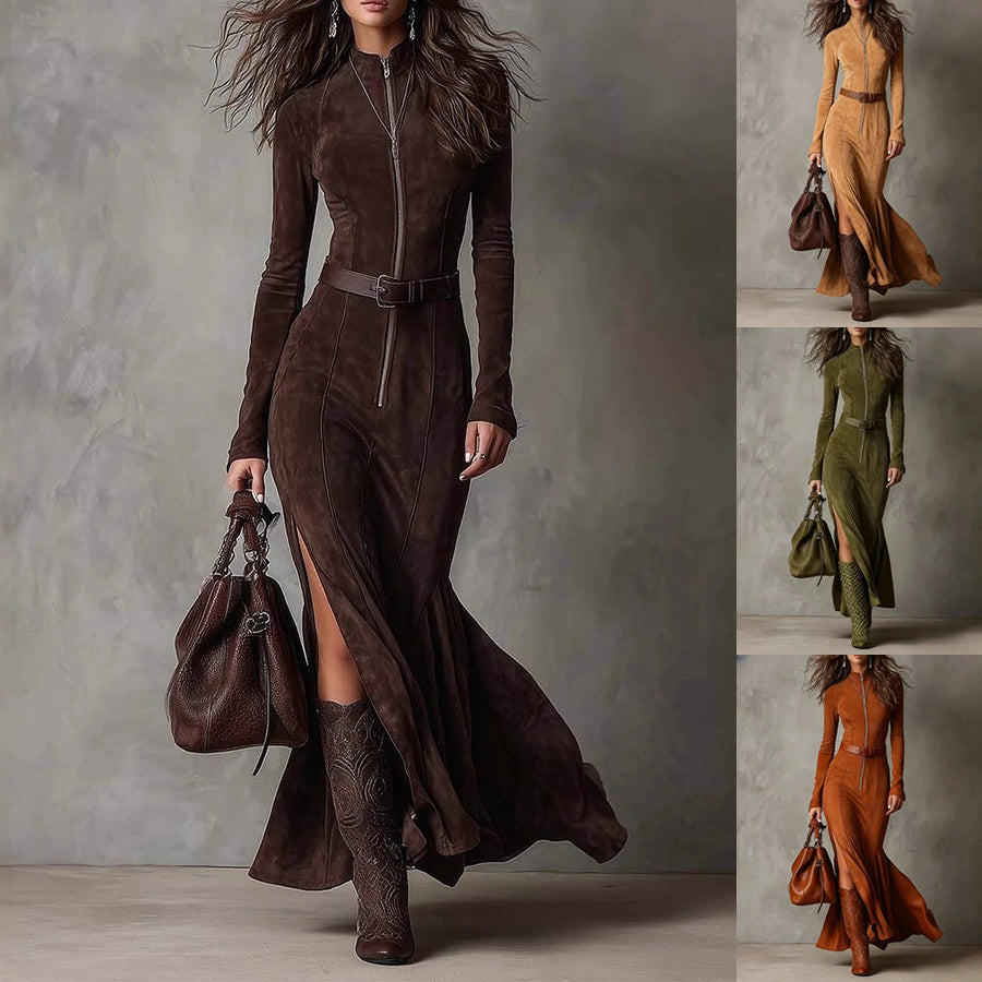 Zipper Dress Elegant Split Long-sleeved Dresses Cowboy Fashion