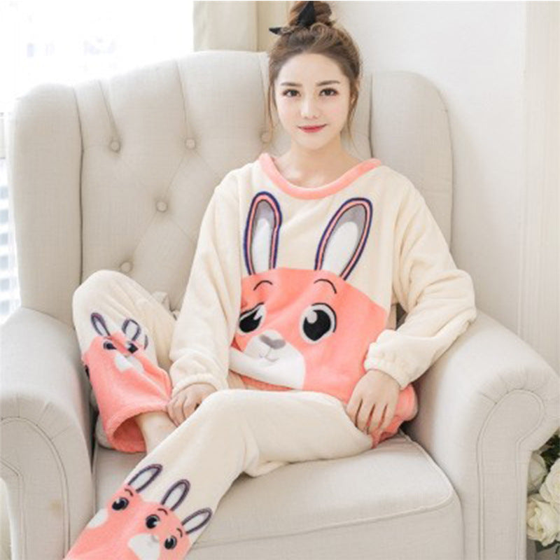 Female Winter Cute Cartoon Pattern Mink Velvet Warm Pajamas