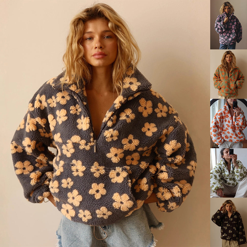 Flowers Lambskin Big Pocket Loose Zip-up Pullover
