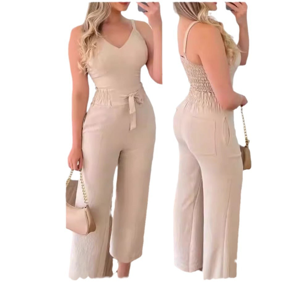 Sexy Elastic Pleated Two-Piece Spaghetti Strap V-neck High Waist Wide Leg Pants Suit