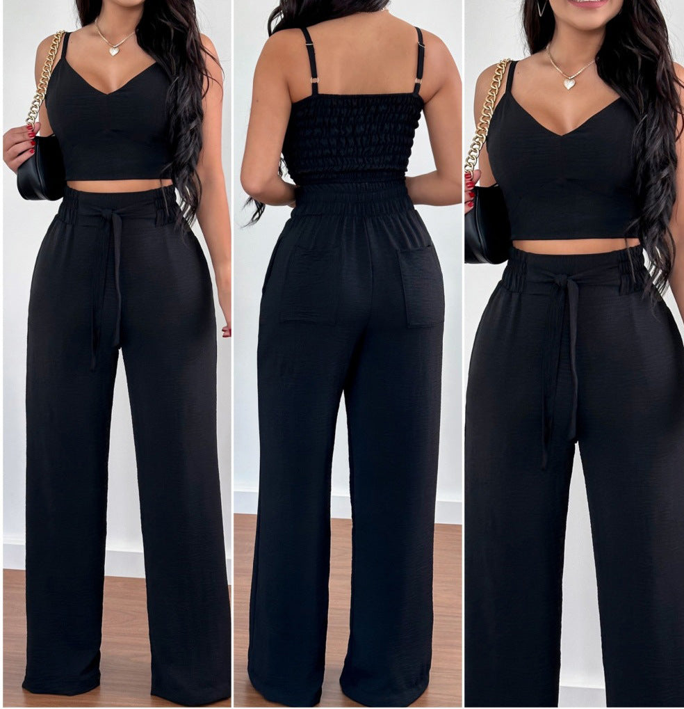 Sexy Elastic Pleated Two-Piece Spaghetti Strap V-neck High Waist Wide Leg Pants Suit