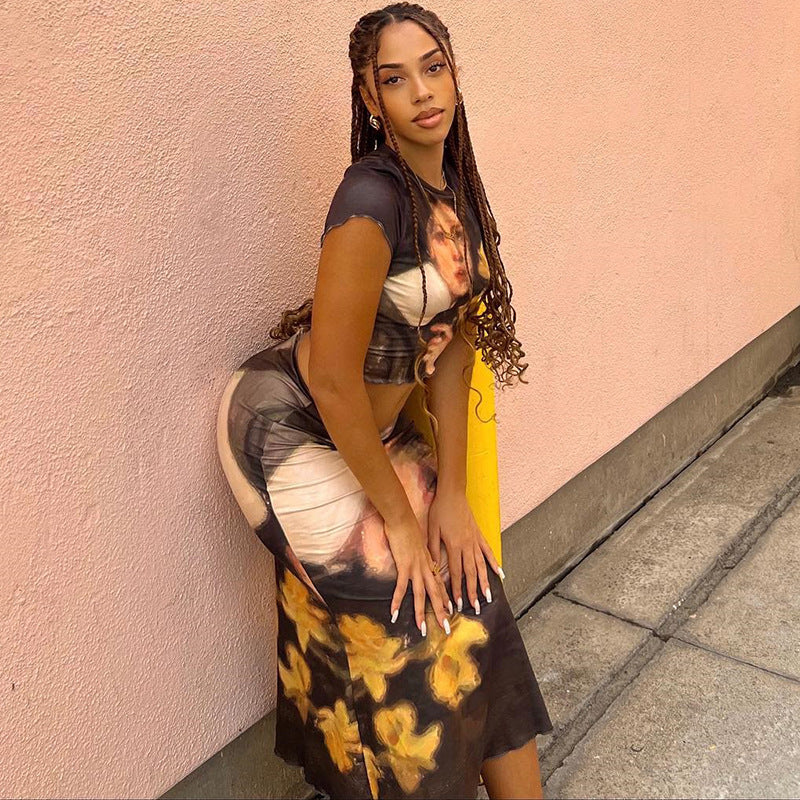Women's Round-neck Top And Midi Skirt Two-piece Set