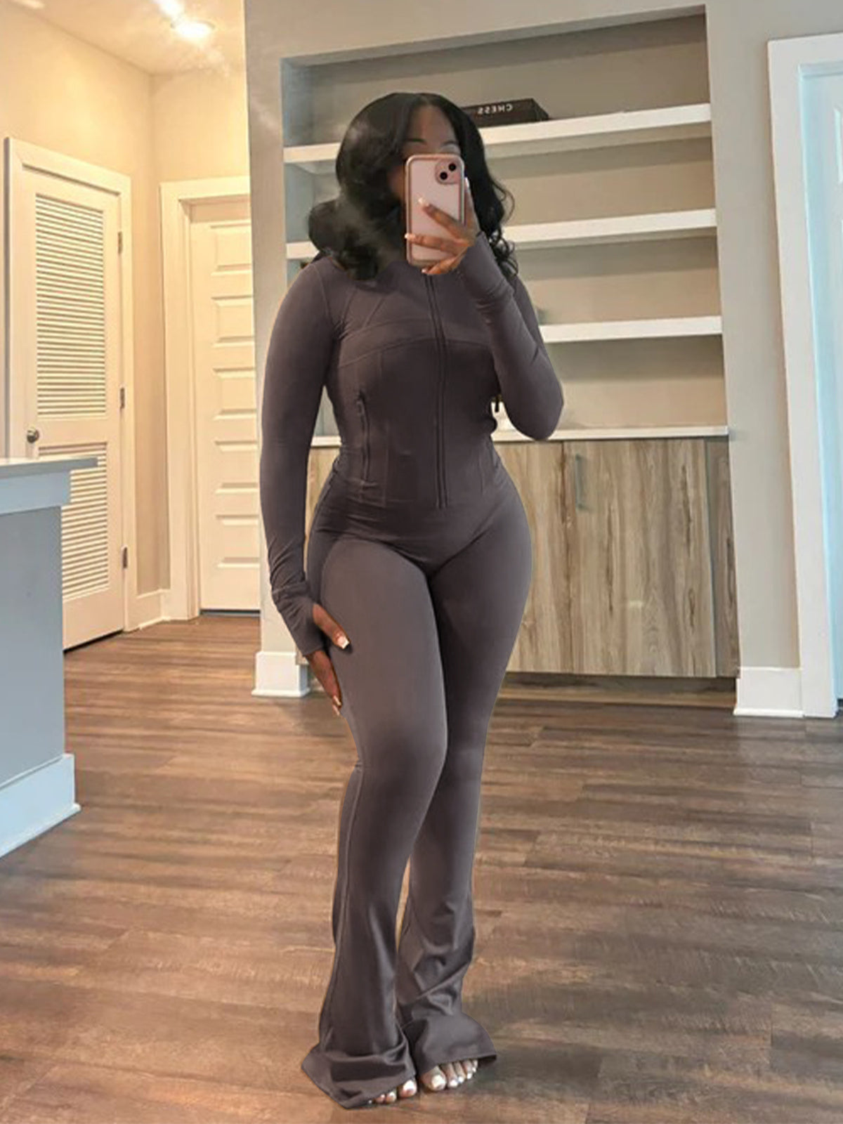 Womens Sporty-casual Sexy Tight-fitting Long-sleeve Flared Two-piece Set
