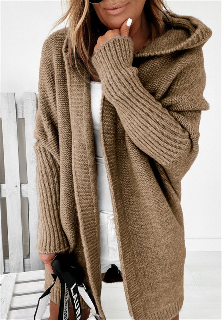 Knitted Hooded Cardigan Loose Solid Color Batwing Sleeve Sweater