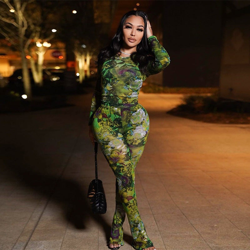 Mesh Printed Round Neck Long-sleeved Doublet Trousers