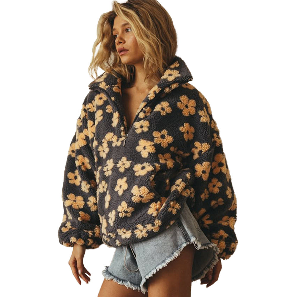 Flowers Lambskin Big Pocket Loose Zip-up Pullover