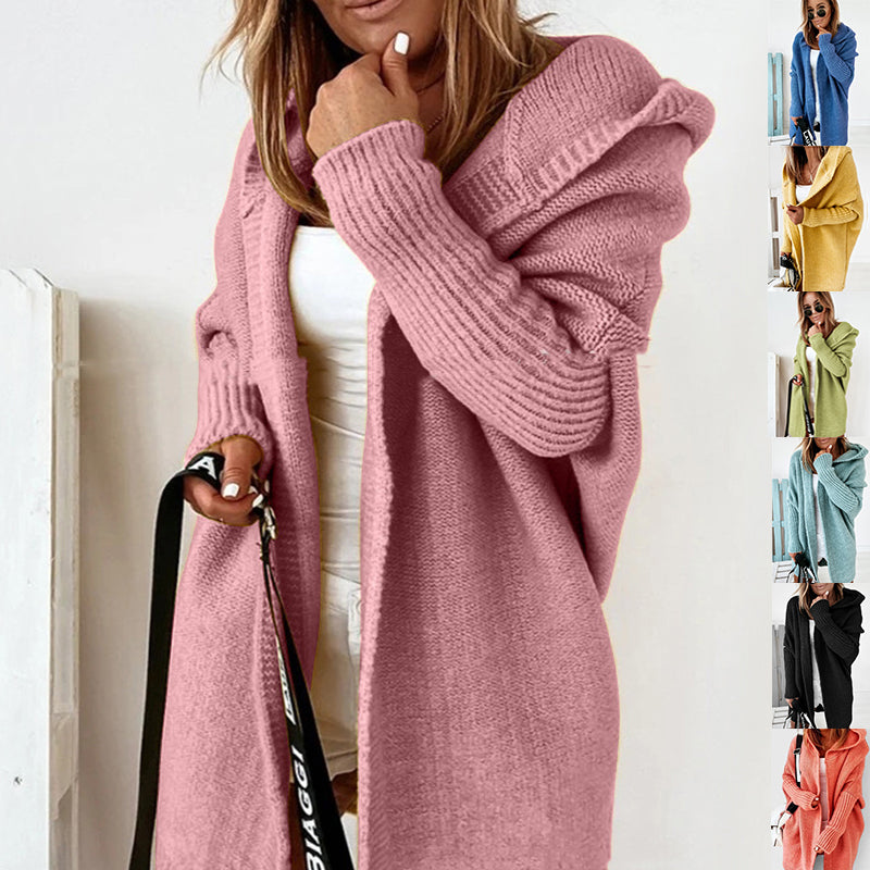 Knitted Hooded Cardigan Loose Solid Color Batwing Sleeve Sweater