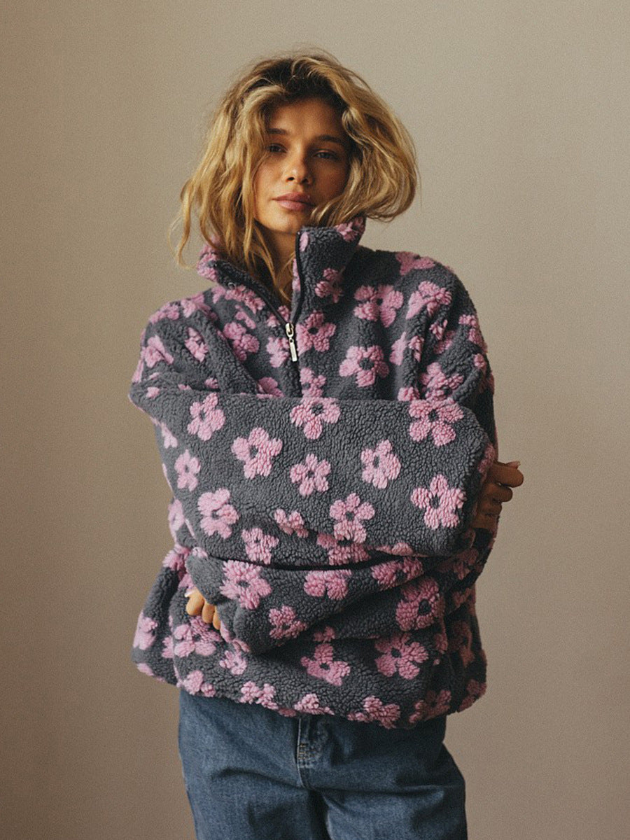 Flowers Lambskin Big Pocket Loose Zip-up Pullover