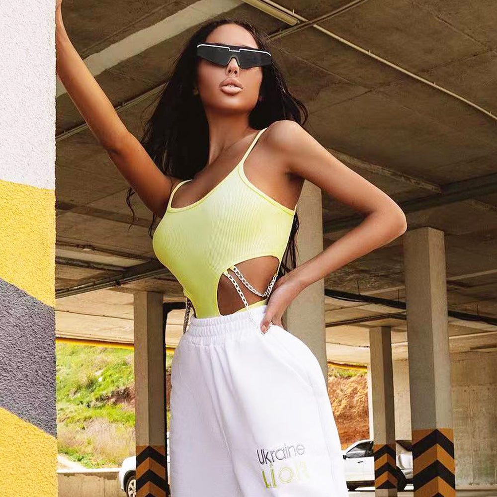 Hollow chest one-piece with suspenders for women