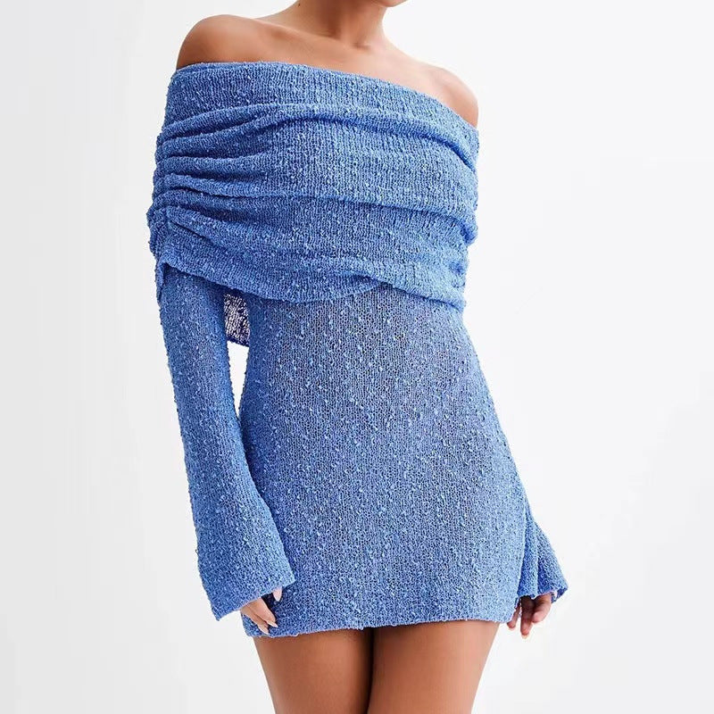Knitted Dress Elegant Off Shoulder Bodycon Long Sleeve Fuzzy