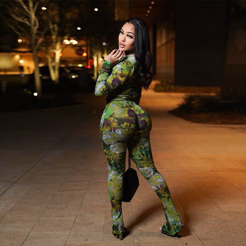 Mesh Printed Round Neck Long-sleeved Doublet Trousers
