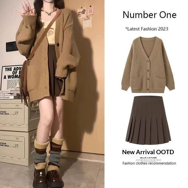 Conjunto de dos piezas de chaqueta de punto y falda plisada retro