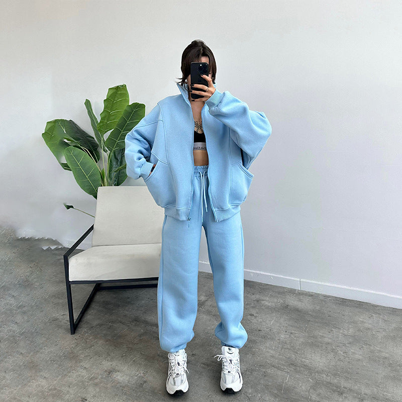 Stand-up Collar Zipper Cardigan And Drawstring Trousers Jogger Set