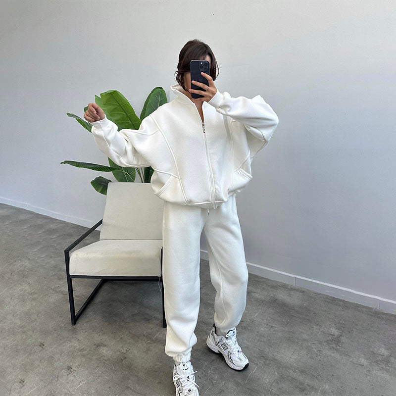 Stand-up Collar Zipper Cardigan And Drawstring Trousers Jogger Set