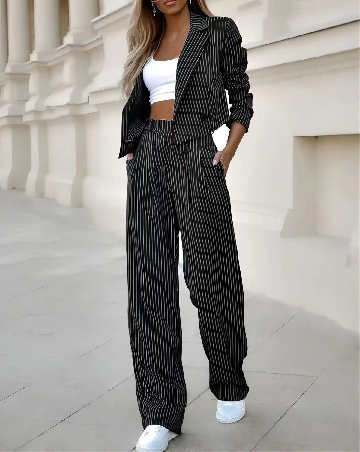 Striped Lapel Long Sleeve Cropped Top And Straight Pants