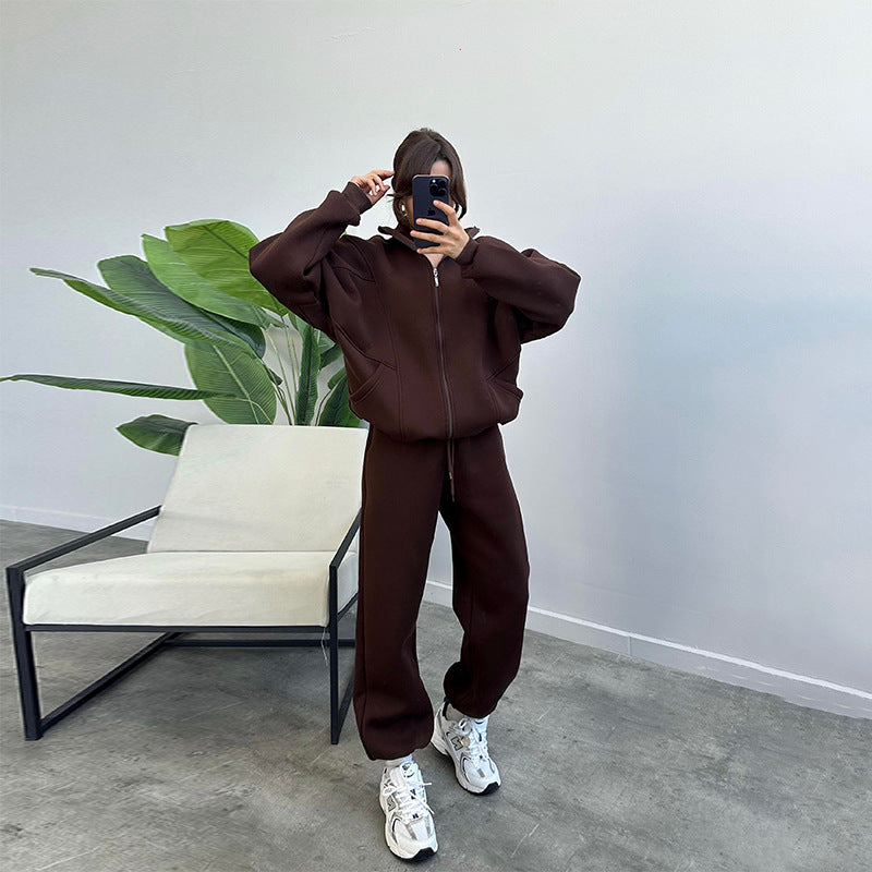 Stand-up Collar Zipper Cardigan And Drawstring Trousers Jogger Set