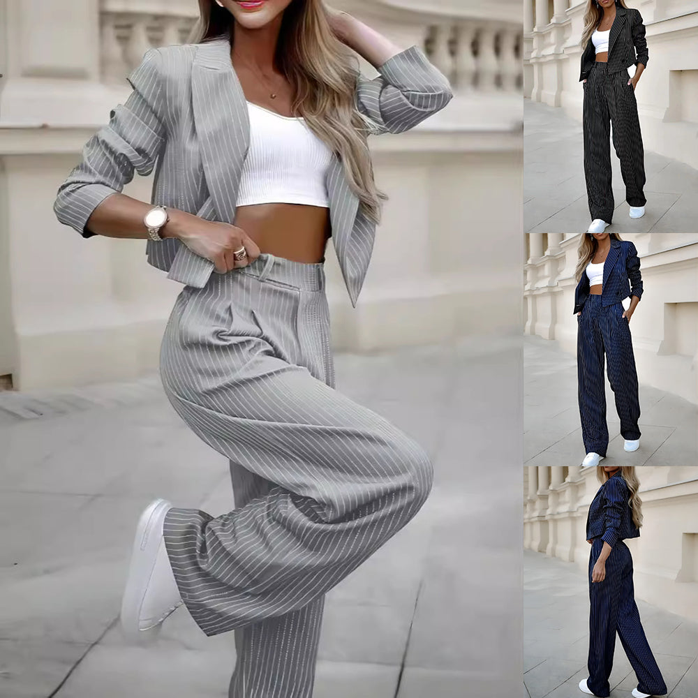 Striped Lapel Long Sleeve Cropped Top And Straight Pants