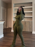Womens Sporty-casual Sexy Tight-fitting Long-sleeve Flared Two-piece Set