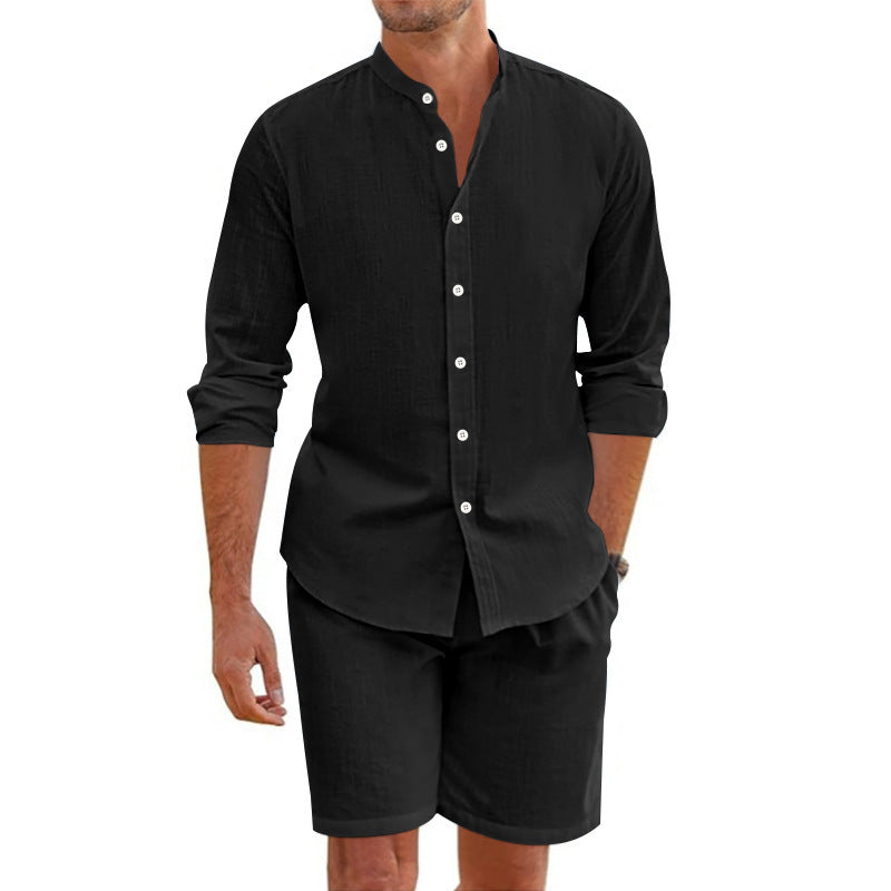 Lapel Button Down Short Sleeve Top Drawstring Shorts