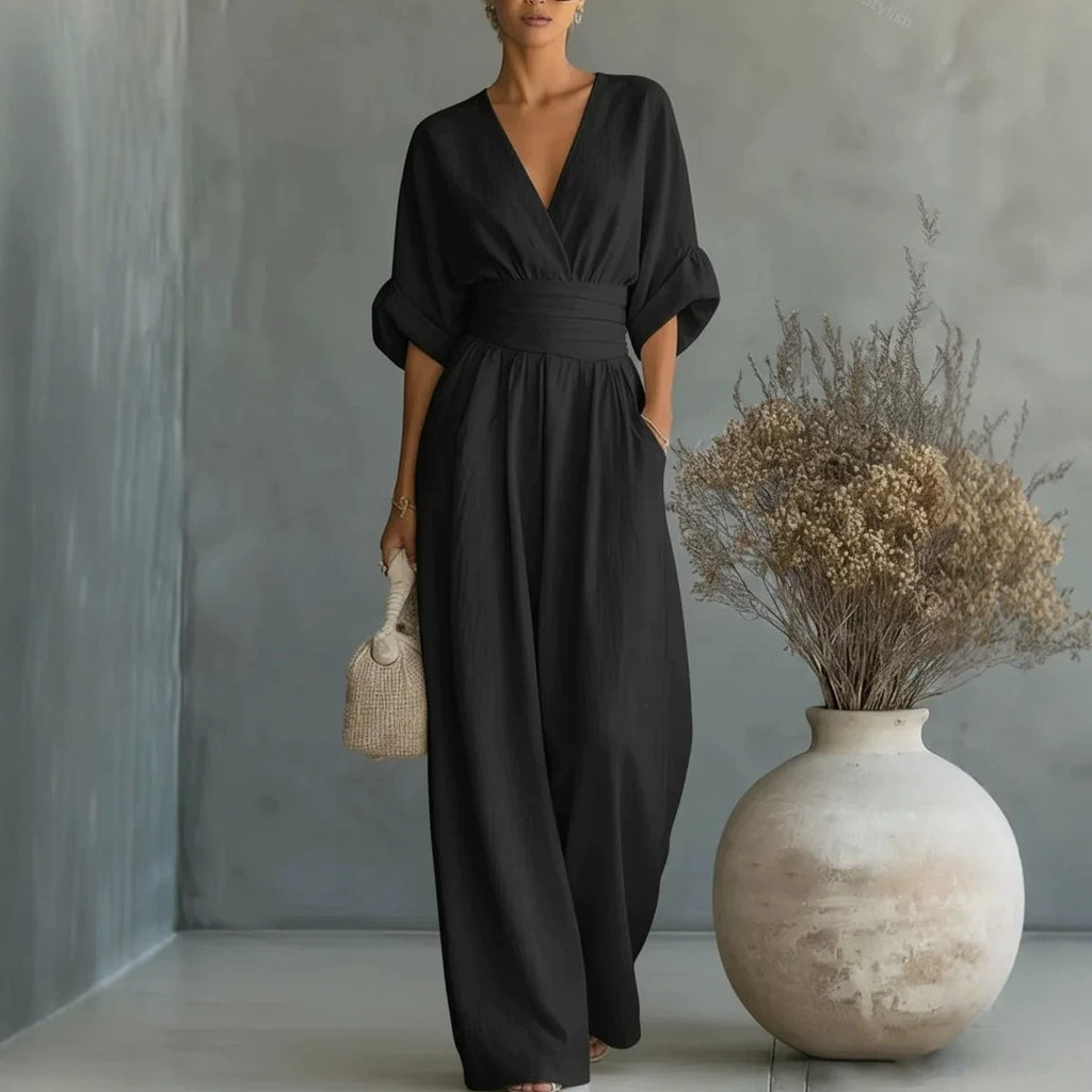 Waist-cinched V-neck Womens Jumpsuit