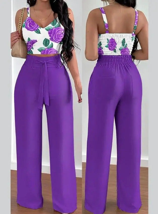 Sexy Elastic Pleated Two-Piece Spaghetti Strap V-neck High Waist Wide Leg Pants Suit