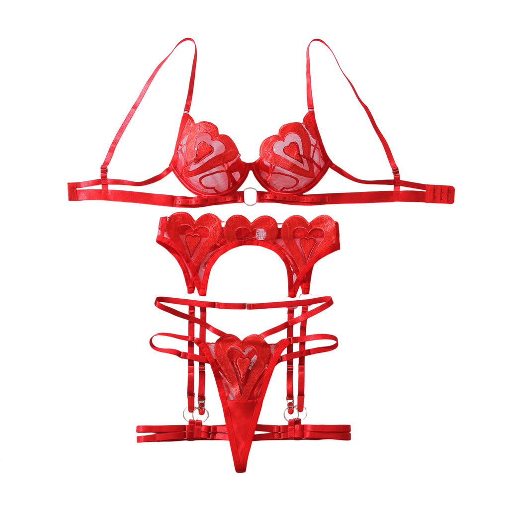 Conjunto de 4 piezas de lencería sexy con bordado de corazón transparente, realce y efecto moldeador