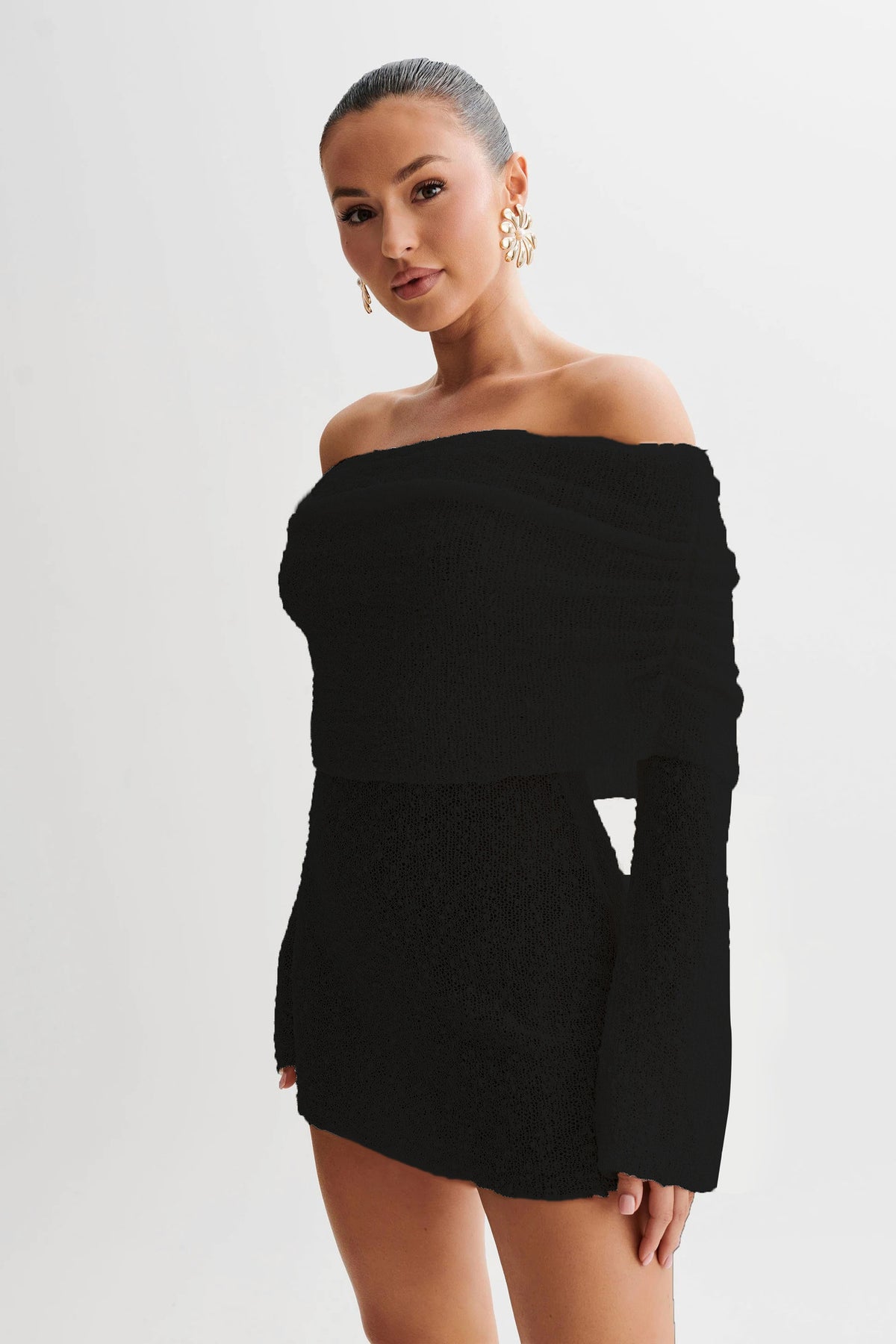 Knitted Dress Elegant Off Shoulder Bodycon Long Sleeve Fuzzy