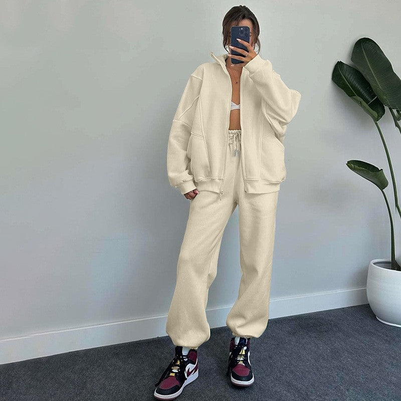 Stand-up Collar Zipper Cardigan And Drawstring Trousers Jogger Set