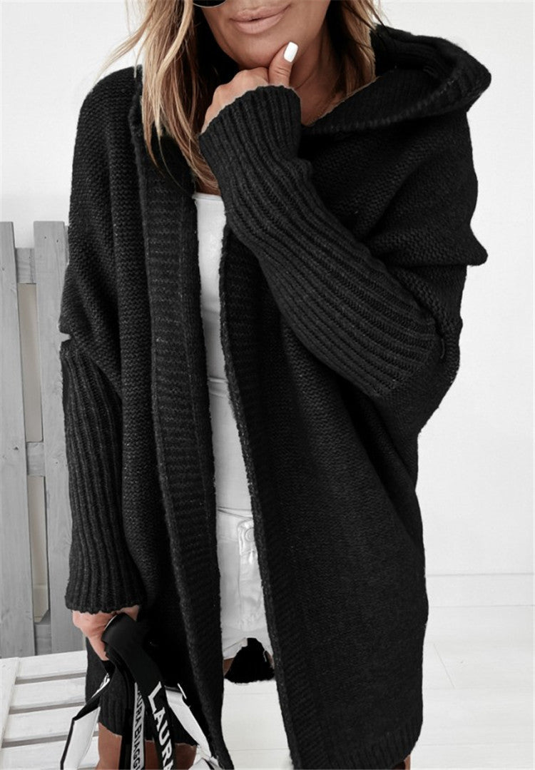 Knitted Hooded Cardigan Loose Solid Color Batwing Sleeve Sweater