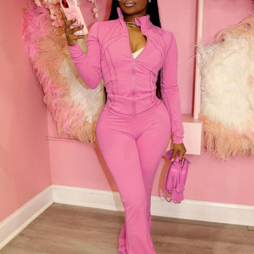 Womens Sporty-casual Sexy Tight-fitting Long-sleeve Flared Two-piece Set