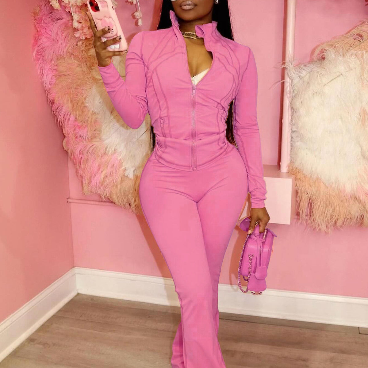 Womens Sporty-casual Sexy Tight-fitting Long-sleeve Flared Two-piece Set