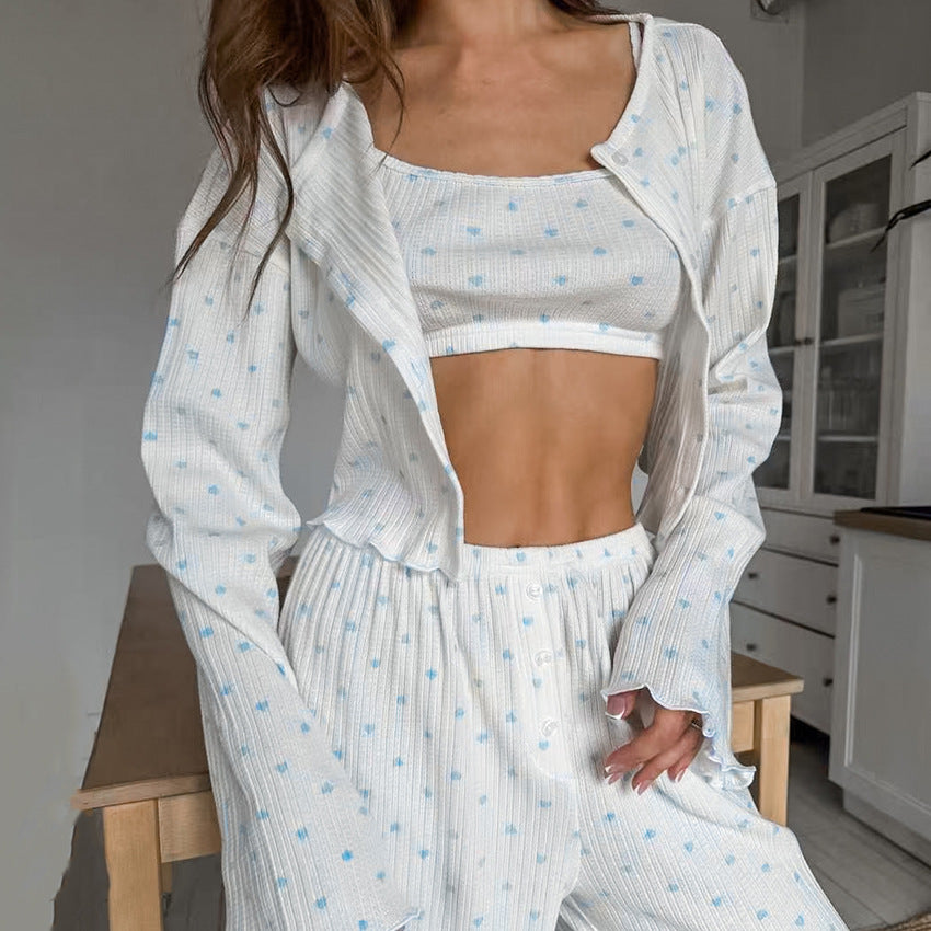 Pyjama Confortable Imprimé Coeur Tricoté Sous-vêtements Femme