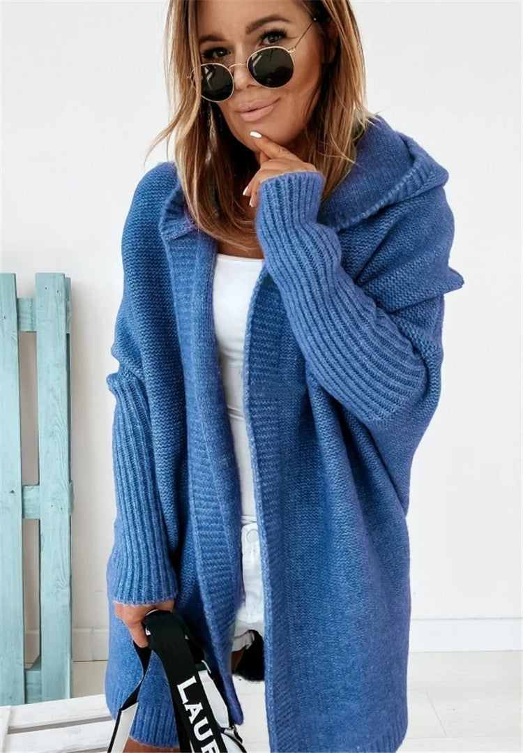 Knitted Hooded Cardigan Loose Solid Color Batwing Sleeve Sweater