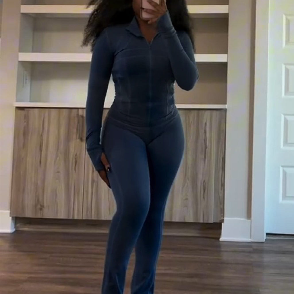 Womens Sporty-casual Sexy Tight-fitting Long-sleeve Flared Two-piece Set