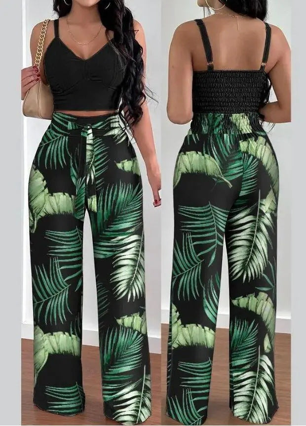 Sexy Elastic Pleated Two-Piece Spaghetti Strap V-neck High Waist Wide Leg Pants Suit