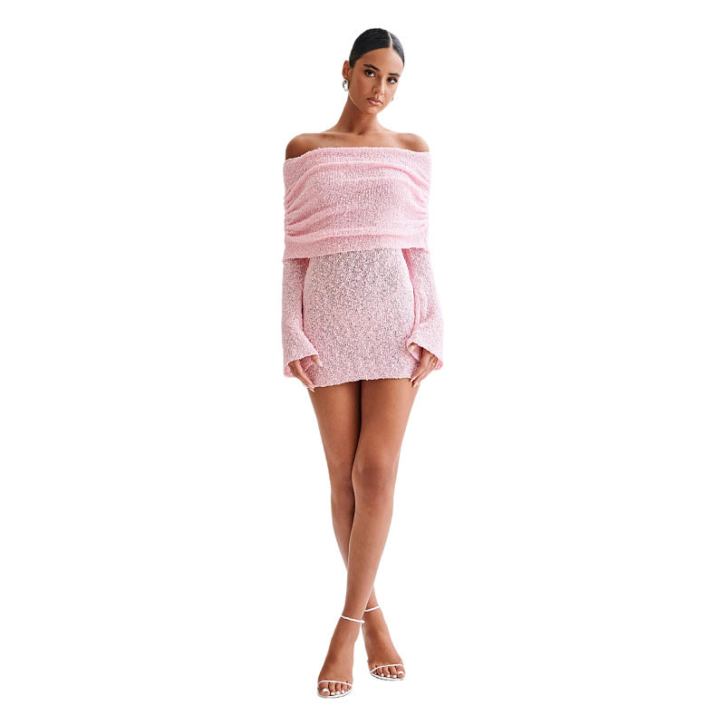 Knitted Dress Elegant Off Shoulder Bodycon Long Sleeve Fuzzy