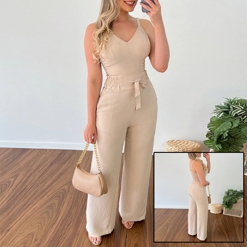 Sexy Elastic Pleated Two-Piece Spaghetti Strap V-neck High Waist Wide Leg Pants Suit