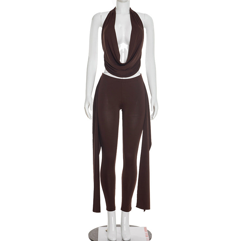 Neck-hanging Sleeveless Backless Top With A Draping Neckline Paired With Pants