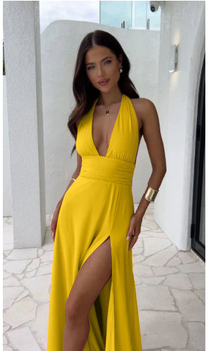 Sexy Halterneck V-neck Slit Dress Backless Strappy