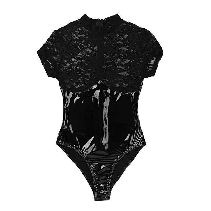 Women's One-piece Lace See-through Leather Dress