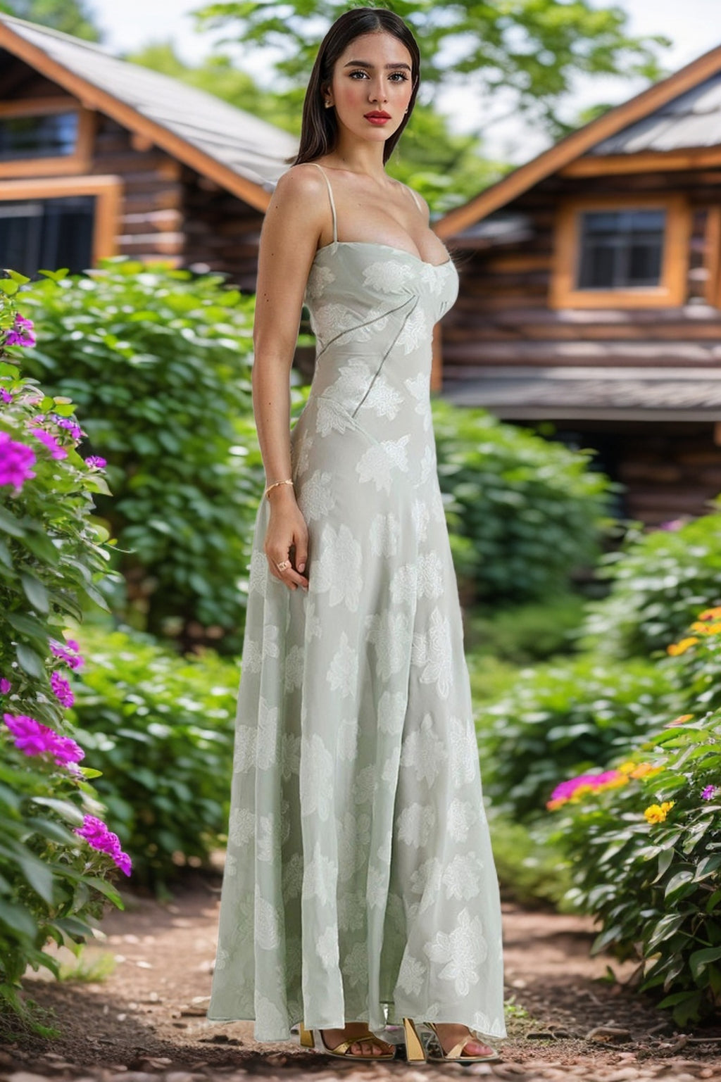 Sexy Flowers Lace Suspender Dress Lace-up Back Long Dress