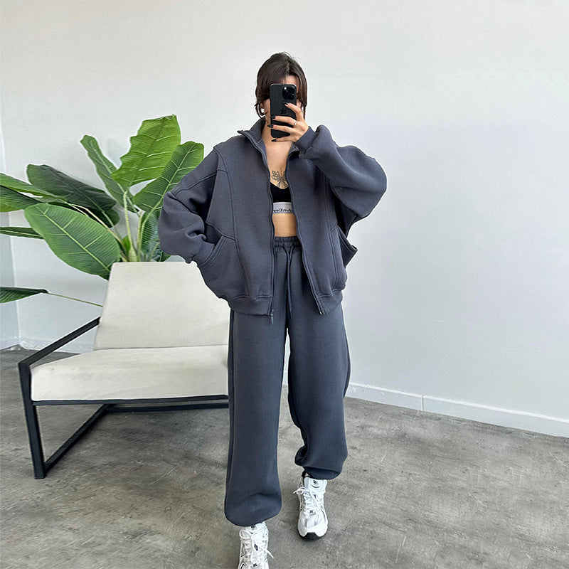 Stand-up Collar Zipper Cardigan And Drawstring Trousers Jogger Set