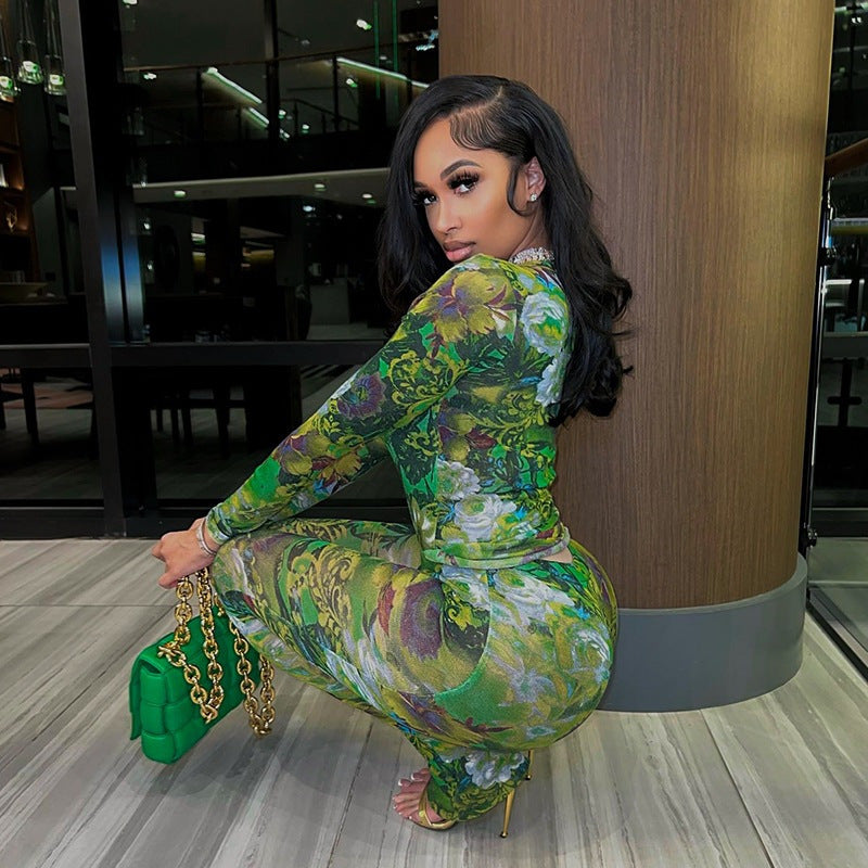Mesh Printed Round Neck Long-sleeved Doublet Trousers