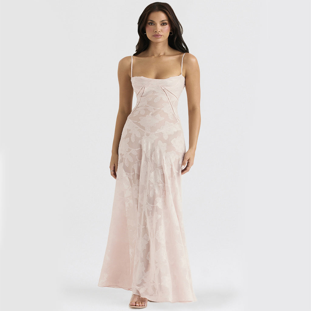 Sexy Flowers Lace Suspender Dress Lace-up Back Long Dress